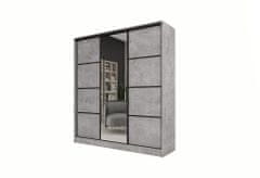 Nejlevnější nábytek Šatní skříň HARAZIA 150 se zrcadlem, 4 šuplíky a 2 šatními tyčemi, beton