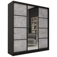 Nejlevnější nábytek Šatní skříň HARAZIA 180 se zrcadlem, 4 šuplíky a 2 šatními tyčemi, černý mat/beton