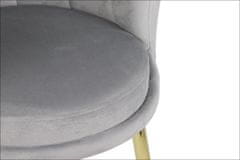 STEMA Židle HTS-D41AG na kovovém rámu zlaté barvy. Pro obývací pokoj, jídelnu, kuchyni, restauraci. Sedák a opěrák čalouněné sametovou látkou. Má plastové nožky. Houba o hustotě 25 kg/m3. Světle šedá barva.