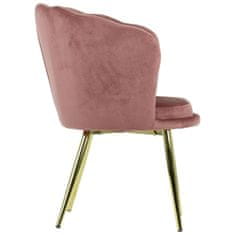 STEMA Židle HTS-D41AG na kovovém rámu zlaté barvy. Pro obývací pokoj, jídelnu, kuchyni, restauraci. Sedák a opěrák čalouněné sametovou látkou. Má plastové nožky. Houba o hustotě 25 kg/m3. Lososová barva.