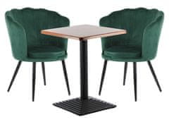 STEMA Židle HTS-D41A na kovovém černém rámu. Pro obývací pokoj, jídelnu, kuchyni, restauraci. Sedák a opěrák čalouněné sametovou látkou. Má plastové nožky. Houba o hustotě 25 kg/m3. Tmavě zelená barva.