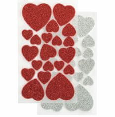 FOLIA Pěnová guma samolepící, glitrová-srdce 40 ks červená/stříbrná