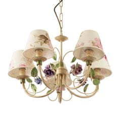 LIGHT FOR HOME Elegantní závěsný lustr na řetězu ve stylu provence 20766 "CAMELLIA", 5x40W, E14, béžová, růžová, fialový