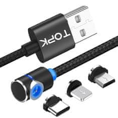 W-STAR TOPK magnetický USB kabel 3v1, 90° USBC, micro USB, lightning, 2,4A, černá 2m, MG90BK2