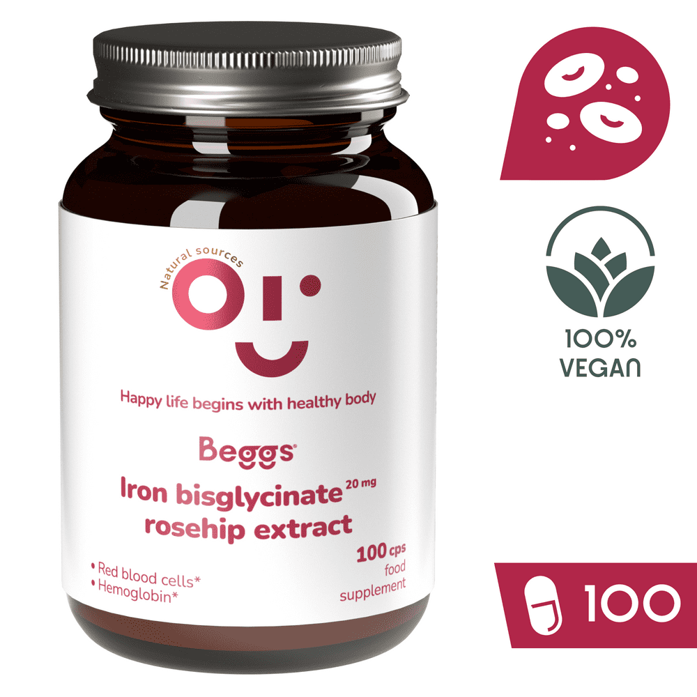 Levně Beggs Iron bisglycinate 20 mg, rosehip extract (100 kapslí)
