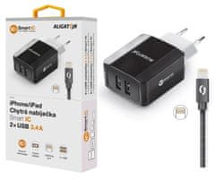 Aligator Chytrá síťová nabíječka 3.4A, 2xUSB, smart IC, černá, kabel pro iPhone/iPad 2A