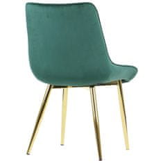 STEMA Židle HTS-6020 na kovovém rámu zlaté barvy. Pro obývací pokoj, jídelnu, kuchyni, restauraci. Sedák a opěrák čalouněné sametovou látkou. Má plastové nožky. Houba o hustotě 25 kg/m3. Tmavě zelená barva.