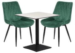 STEMA Židle HTS-6020 na kovovém černém rámu. Pro obývací pokoj, jídelnu, kuchyni, restauraci. Sedák a opěrák čalouněné sametovou látkou. Má plastové nožky. Houba o hustotě 25 kg/m3. Tmavě zelená barva.