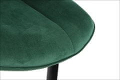 STEMA Židle HTS-6020 na kovovém černém rámu. Pro obývací pokoj, jídelnu, kuchyni, restauraci. Sedák a opěrák čalouněné sametovou látkou. Má plastové nožky. Houba o hustotě 25 kg/m3. Tmavě zelená barva.
