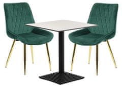 STEMA Židle HTS-6020 na kovovém rámu zlaté barvy. Pro obývací pokoj, jídelnu, kuchyni, restauraci. Sedák a opěrák čalouněné sametovou látkou. Má plastové nožky. Houba o hustotě 25 kg/m3. Tmavě zelená barva.