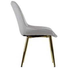 STEMA Židle HTS-6020 na kovovém rámu zlaté barvy. Pro obývací pokoj, jídelnu, kuchyni, restauraci. Sedák a opěrák čalouněné sametovou látkou. Má plastové nožky. Houba o hustotě 25 kg/m3. Světle šedá barva.