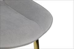 STEMA Židle HTS-6020 na kovovém rámu zlaté barvy. Pro obývací pokoj, jídelnu, kuchyni, restauraci. Sedák a opěrák čalouněné sametovou látkou. Má plastové nožky. Houba o hustotě 25 kg/m3. Světle šedá barva.