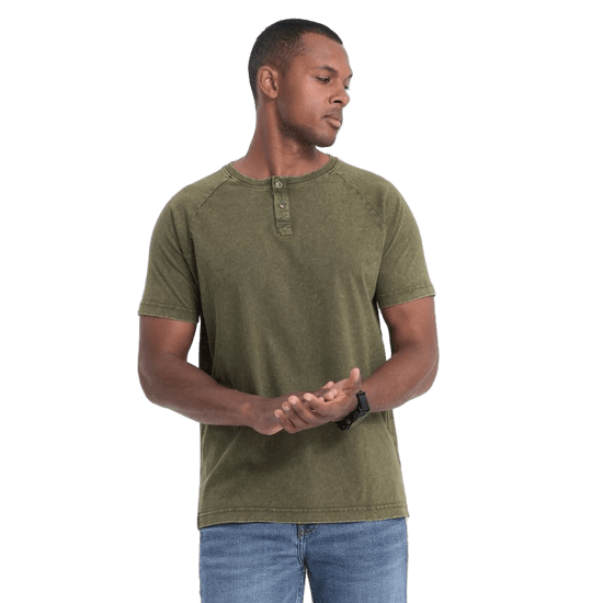 OMBRE Pánské tričko s výstřihem henley tmavě olivové V4 S1757 MDN123071