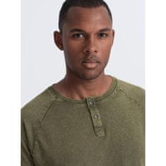 OMBRE Pánské tričko s výstřihem henley tmavě olivové V4 S1757 MDN123071 S