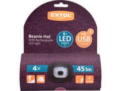 Extol Light čepice s čelovkou 4x45lm, USB nabíjení, fialová/černá, univerzální velikost, 100% acryl