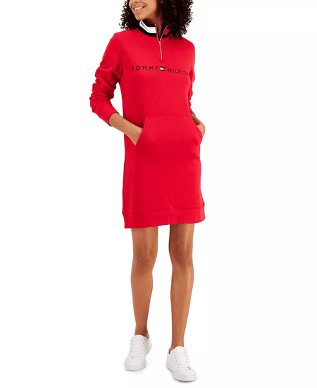 Tommy Hilfiger Tommy Hilfiger dámské mikinové šaty Logo Funnel červené AKCE