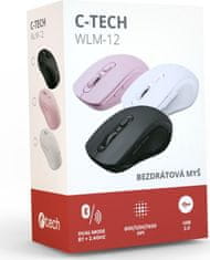 C-Tech WLM-12PK/Ergonomická/Optická/Pro praváky/Bezdrátová USB + Bluetooth/Růžová