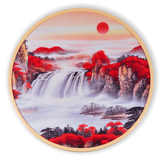 Bondek Asijský obraz v dřevěném rámu pr. 60 cm - Západ slunce nad vodopádem