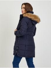 Orsay Tmavě modrý dámský prošívaný zimní kabát s odepínací kapucí s kožíškem ORSAY XS