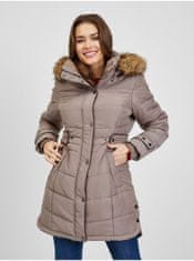 Orsay Hnědý dámský prošívaný zimní kabát s odepínací kapucí s kožíškem ORSAY M