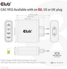 Club 3D síťová nabíječka, GAN technologie, 4xUSB-A, USB-C, PD 3.0, 100W, černá