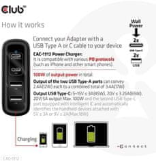 Club 3D síťová nabíječka, GAN technologie, 4xUSB-A, USB-C, PD 3.0, 100W, černá