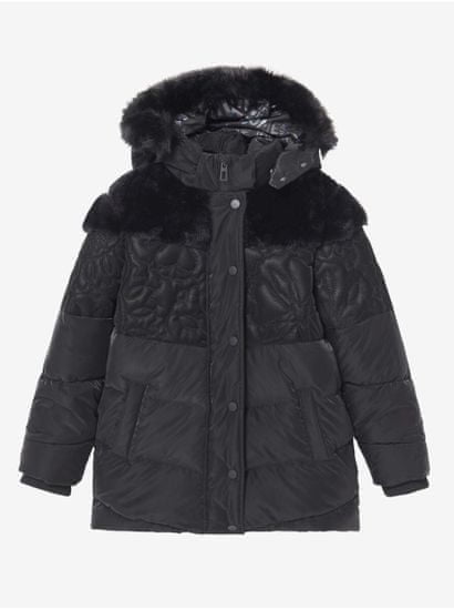 Desigual Černá dívčí vzorovaná zimní bunda s kapucí a umělým kožíškem Desigual Kids Exterior