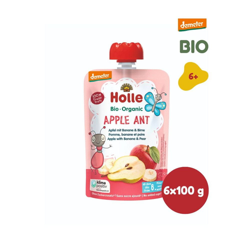 Levně Holle Bio Apple Ant 100% ovocné pyré jablko, banán, hruška - 6 x 100g
