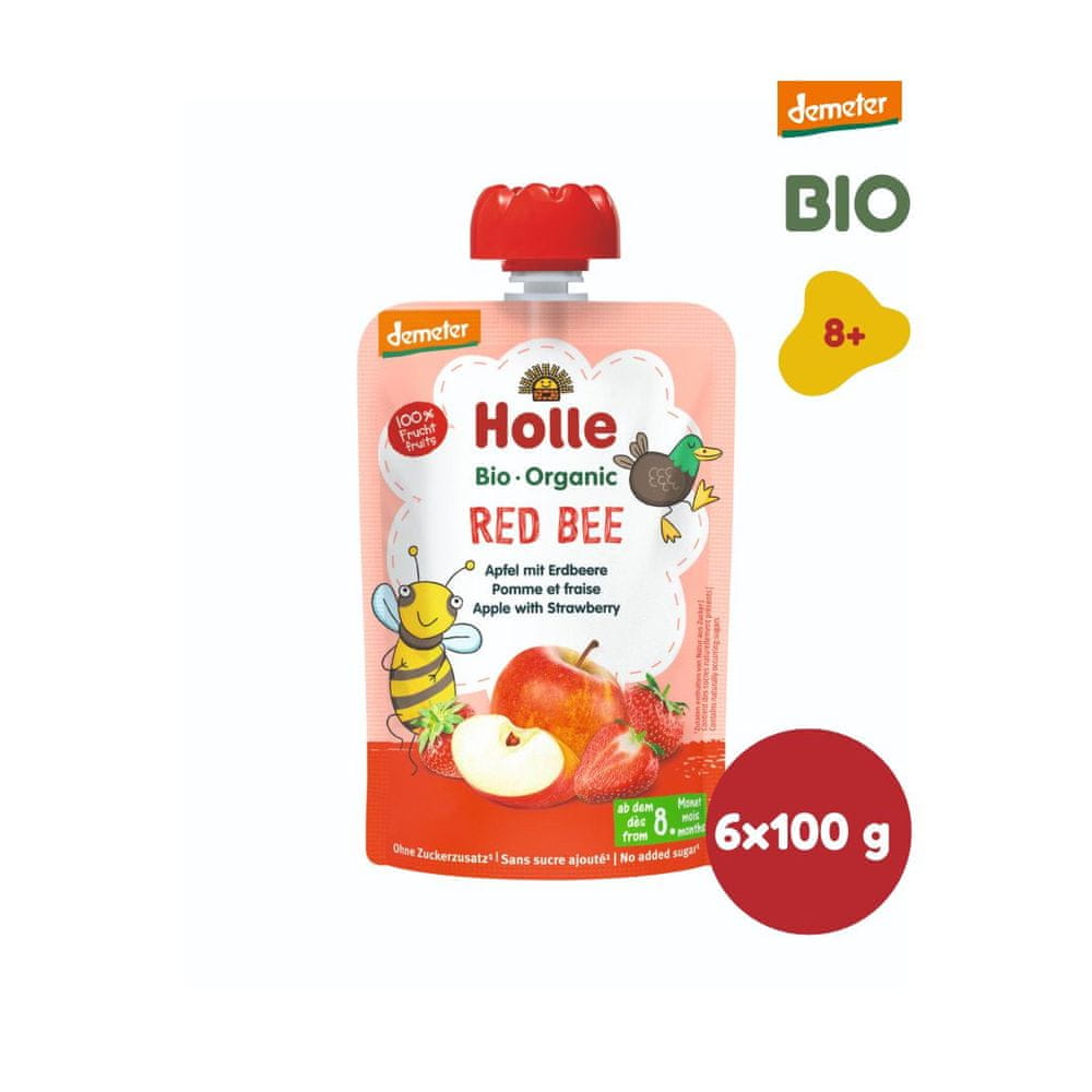 Levně Holle Bio Red Bee 100% ovocné pyré jablko s jahodami - 6 x 100g