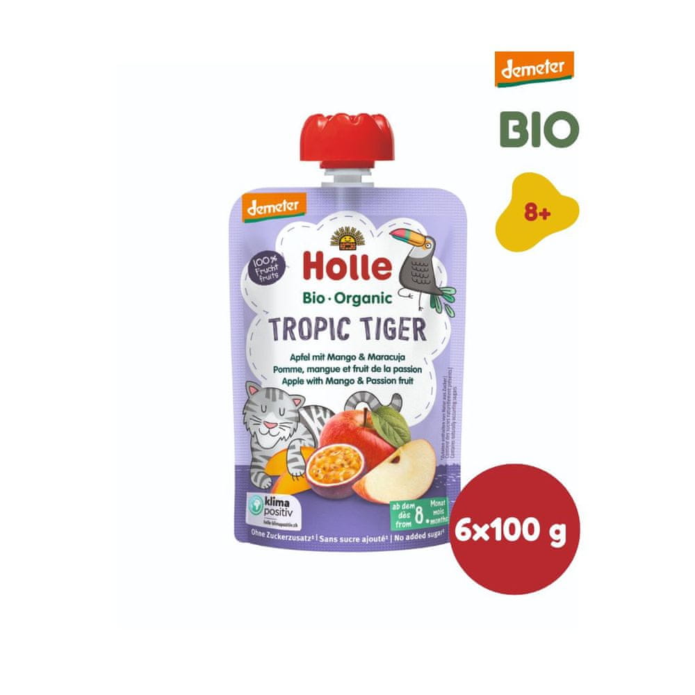 Levně Holle Bio Tropic Tiger 100% ovocné pyré jablko, mango, maracuja - 6 x 100g