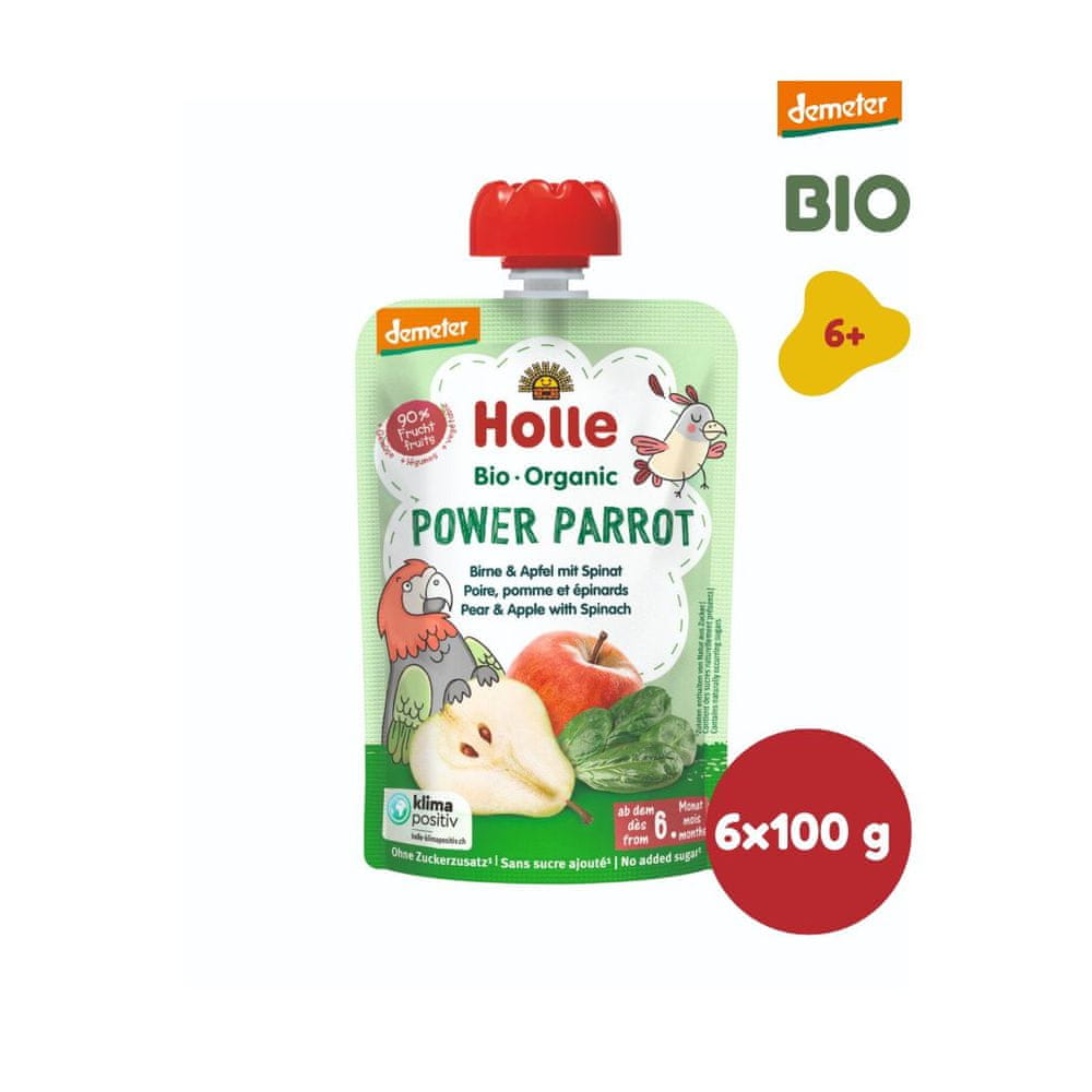 Levně Holle Bio Power Parrot 100% pyré hruška, jablko, špenát - 6 x 100g