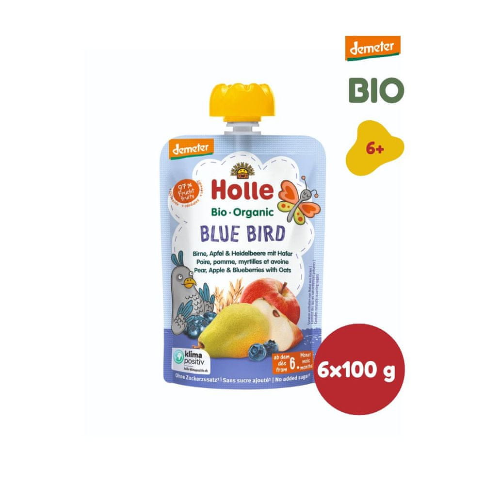 Levně Holle Bio Blue Bird 100% ovocné pyré hruška, jablko, borůvky, vločky - 6 x 100g