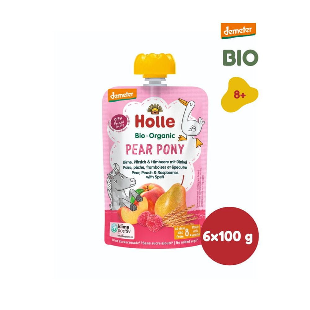 Levně Holle Bio Pear Pony 100% ovocné pyré hruška, broskev, maliny a špalda - 6 x 100g