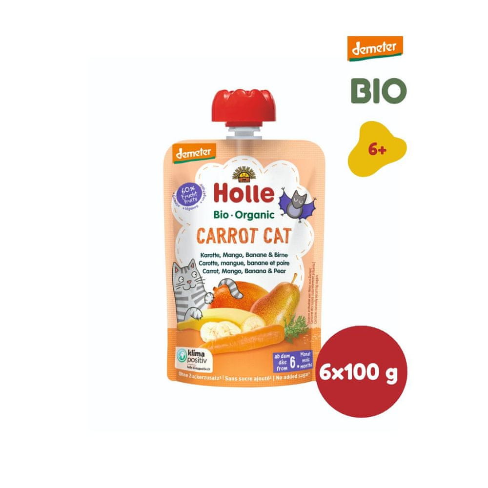 Levně Holle Bio Carrot Cat 100% pyré mrkev, mango, banán, hruška - 6 x 100g