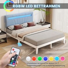 SONNENH Dřevěná postel, manželská postel, čalouněná hlavová část s LED podsvícením ve 7 barvách, postel pro mládež, dospělé, rámování borovice, bílá (140x200 cm)