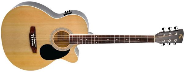  krásná akustická kytara soundsation Yellowstone MJCE-NT jumbo mini velké rezonantní tělo ze smrkového dřeva standardní menzura rozeta poziční tečky western styl 