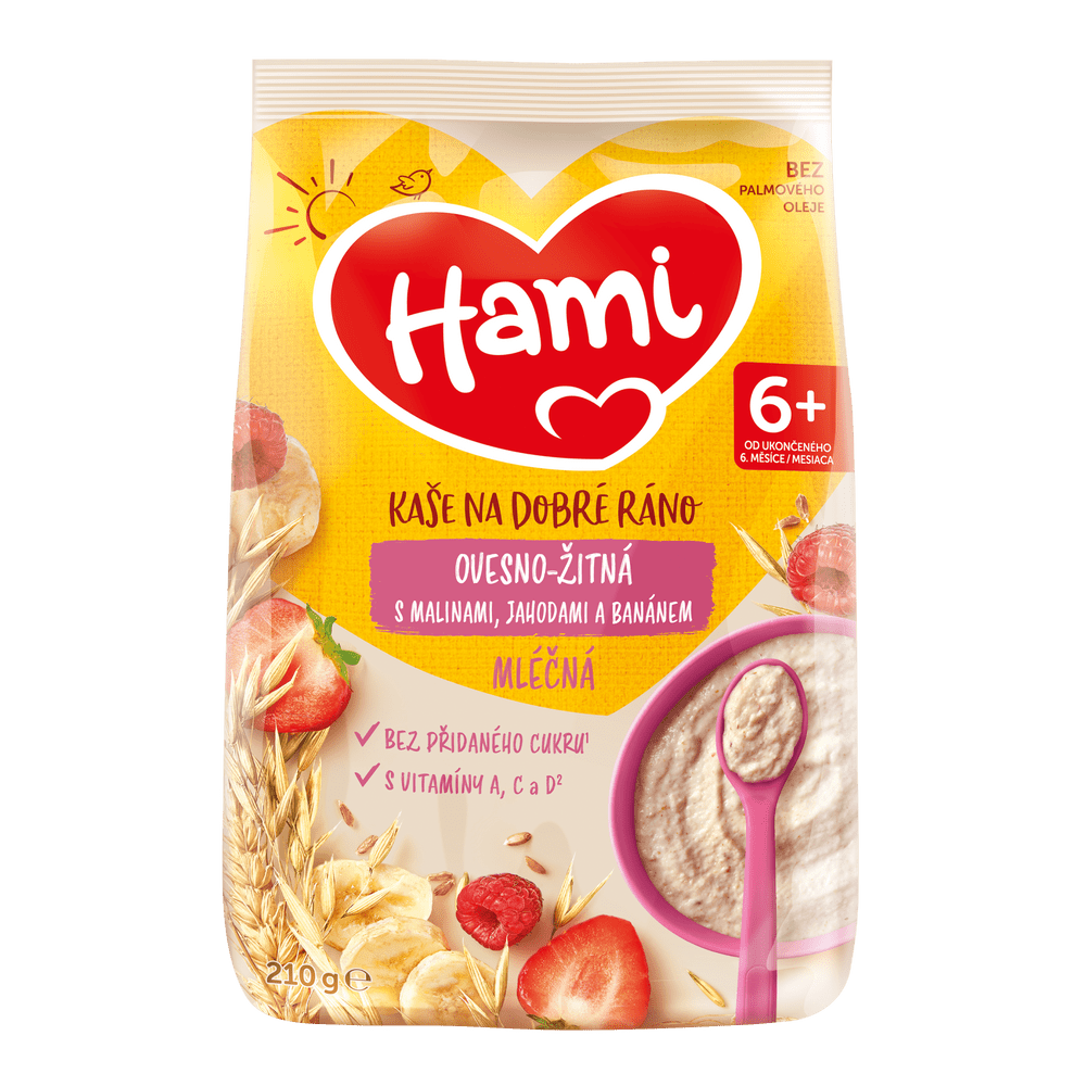 Levně Hami mléčná kaše ovesno-žitná s malinami, jahodami a banánem 210g