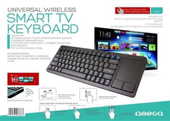 Omega PLATINET bezdrátová CZ klávesnice s touch padem pro smart TV, černá