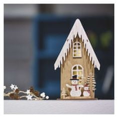 Emos LED dekorace dřevěná – domek se sněhuláky, 28,5 cm, 2x AA, vnitřní, teplá bílá, časovač