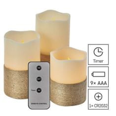 Emos LED dekorace – vosková svíčka omotaná provázkem, 3x AAA, vnitřní, vintage, 3 ks, ovladač