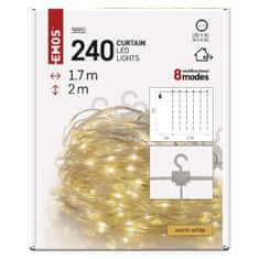 Emos LED vánoční drop řetěz – záclona, 1,7x2 m, venkovní i vnitřní, teplá bílá, programy