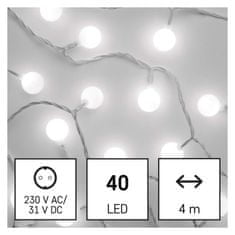 Emos LED světelný cherry řetěz – kuličky 2,5 cm, 4 m, venkovní i vnitřní, studená bílá, časovač