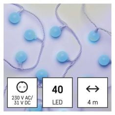 Emos LED světelný cherry řetěz – kuličky 2,5 cm, 4 m, venkovní i vnitřní, modrá, časovač
