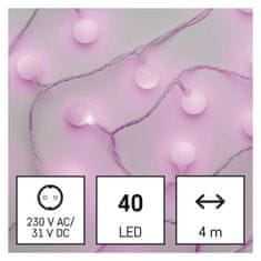 Emos LED světelný cherry řetěz – kuličky 2,5 cm, 4 m, venkovní i vnitřní, růžová, časovač