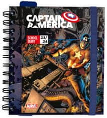 CurePink Plánovací denní školní diář 2023/2024 Marvel: Captain America se samolepkami, záložkami a obálkou (14 x 16 cm)