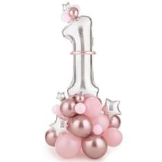 PartyDeco 1. narozeniny balónková dekorace – růžová 90 x 140 cm