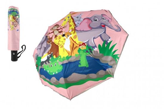 Teddies Deštník Zvířátka skládací vystřelovací látka/kov 28cm růžový