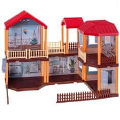 WOWO Domeček pro panenky Vila s červenou střechou s osvětlením, nábytkem a panenkami, 39,5 cm
