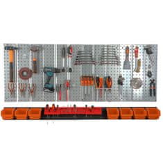 botle Nástěnná police 156x72 cm Kovový úložný systém s držáky na nářadí a 7 stohovací krabice, 120 x 195 x 90 mm barva: oranžový