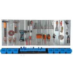 botle Nástěnná police 156x72 cm Kovový úložný systém s držáky na nářadí a 7 stohovací krabice, 120 x 195 x 90 mm barva: modrý
